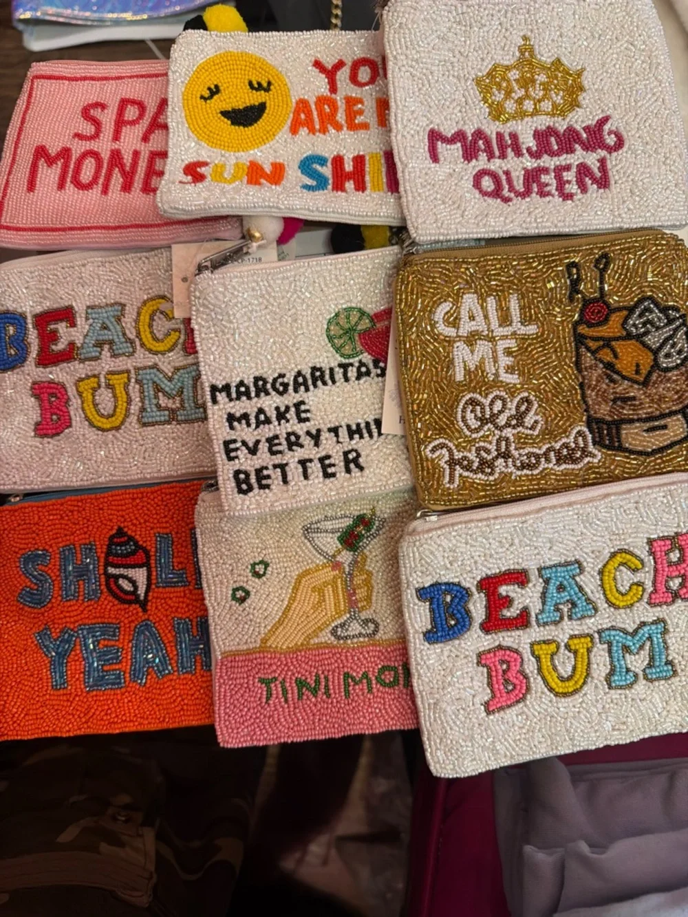 Nu Shuz Key West Multicolor Hand-Beaded ' Beach Bum ' White Clutch Coin Pouch